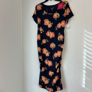 Isabel Maternity Navy Floral Side Ruched Scoop Neck T-Shirt Dress XL New